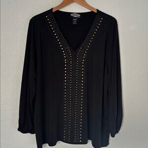 Black Stretch Tunic Top Copper Rivets Long Sleeve Cowgirl Size 2X Studded